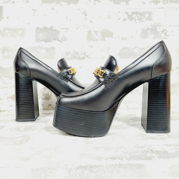 New SAM EDELMAN Rowe Platform Black Faux Leather Heeled Loafers i 622 - Picture 5 of 13